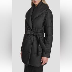 NWT Andrew Marc Adele Faux Leather Shawl Collar Quilted Wrap Puffer Coat Size M